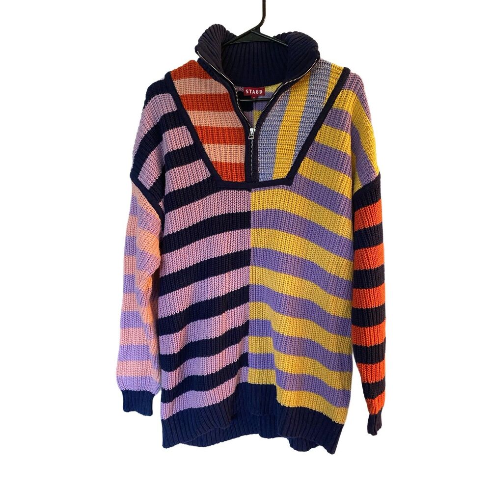 STAUD Multicolor Striped Half-Zip Knit Sweater Eccentric Artsy Collared Cotton